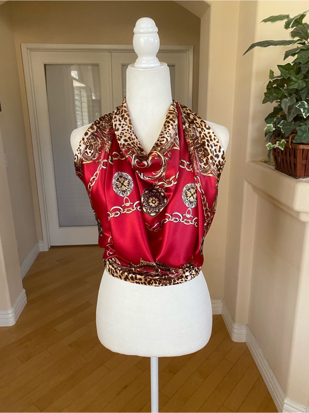 Red & Gold Chain-Print Scarf Wrap Top